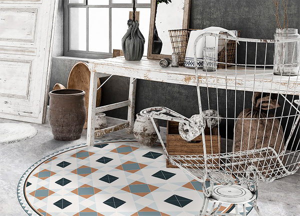 Okrúhly vinylový domáci koberec geometrické diamanty