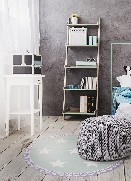 Okrúhly vinylový domáci koberec geometrické hviezdy